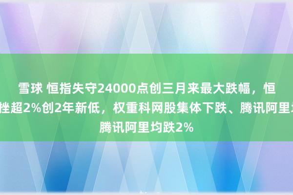 雪球 恒指失守24000点创三月来最大跌幅，恒科指下挫超2%创2年新低，权重科网股集体下跌、腾讯阿里均跌2%